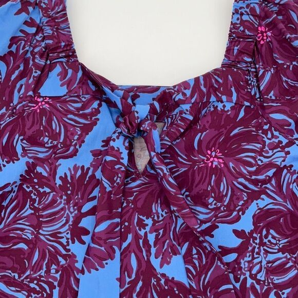 Lilly Pulitzer Blue Red Floral Tie Front Square Neck Short Sleeve Blouse Size 2 - Picture 4 of 8